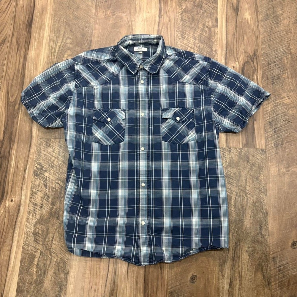 Vintage Y2K Boxy Cropped Blue Plaid Button‑Up Shirt Pearl Snap Old Navy 90s